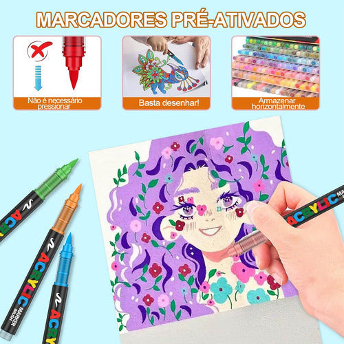 Kit  Canetas 36 Cores Pincel Acrílica Marcador  Papel Tinta