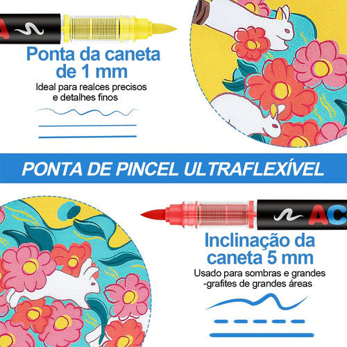 Kit  Canetas 36 Cores Pincel Acrílica Marcador  Papel Tinta