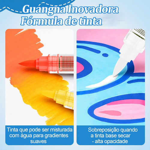 Kit  Canetas 36 Cores Pincel Acrílica Marcador  Papel Tinta