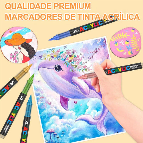 Kit  Canetas 36 Cores Pincel Acrílica Marcador  Papel Tinta